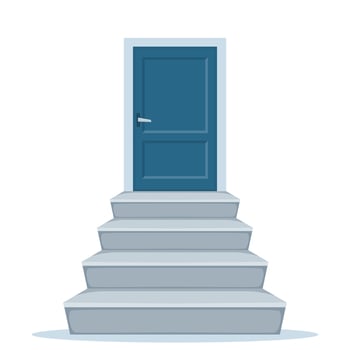 Ladders towards the door. Grey concrete staircase. Stair template front view, and closed door. Vector illustration isolated on white.