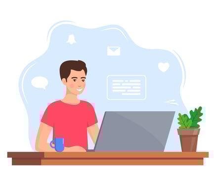 Young man working on laptop at home office. Freelancer at work, remote work. Young man sitting at a desk with a laptop and coffee cup. Flat style color modern vector illustration.