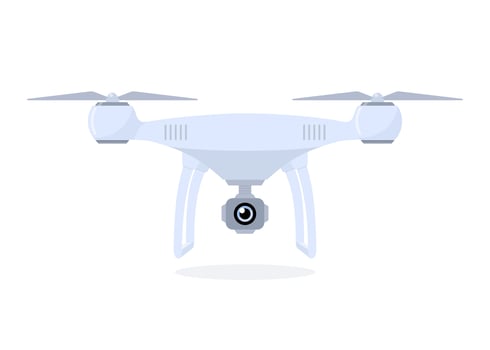 Drone with video camera isolated on white background. Equipment for aerial shots. Vector flat illustration.