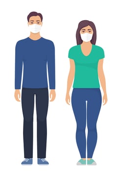 Man and women with protective medical mask on face for prevent virus. People in surgical mask. Vector illustration in flat style.