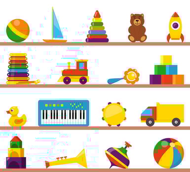 Colorful children toys on wooden shelves. Cubes, whirligig, duck, ball rattle, truck, pyramid, pipe, bear, ball, rocket, tambourine, boat, accordion, train, drum. Flat style vector. vector