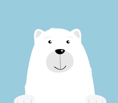 Cute cartoon white polar bear on blue background. Curious friendly bear smiling face. Illustration for greeting card. vector