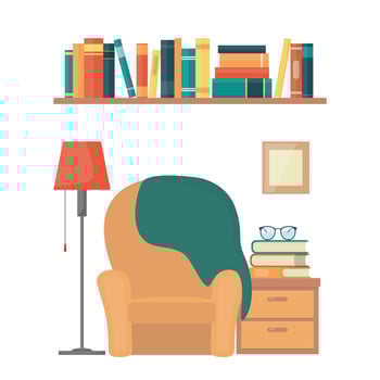 Cozy living room armchair, nightstand, books, floor lamp, bookshelf. Interior elements of home library. Love reading concept illustration, flat style vector. vector