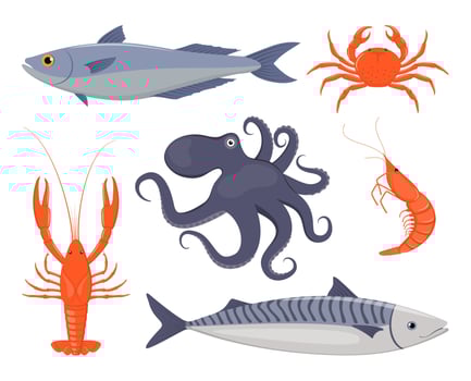 Seafood set. Salmon, crab, lobster, octopus, shrimp, mackerel in flat style. Fish, seafood icons for restaurant menu. Vector illustration.