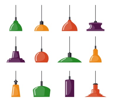 Colorful hanging lamps, set. Chandeliers, lamps, bulbs - elements of modern interior, beautiful icon collection. Vector illustration, isolated.