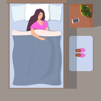 Woman sleeping in her bed, top view. Girl sleeps peacefully with smartphone near her head. Slippers on the Mat near the bed. Vector illustration in flat style.