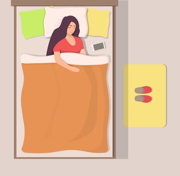 Woman sleeping in her bed, top view. Girl sleeps peacefully with smartphone near her head. Slippers on the Mat near the bed. Vector illustration in flat style.