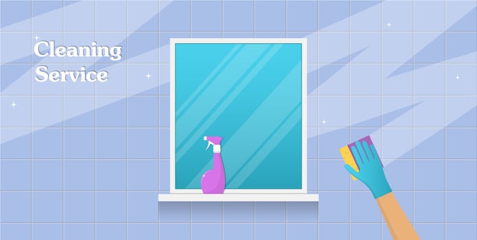 Cleaning concept. Hand in rubber glove cleans the tile with sponge and cleaning spray. Cleaning service banner design. Vector illustration in flat style.