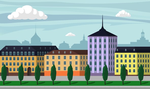 Vintage Europe city landscape illustration. City buildings along wide street with trees, benches and street lamps. Beautiful cartoon vector illustration.