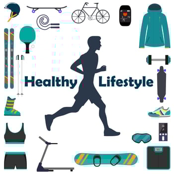 Silhouette of a running man, surrounded by icons of sports equipment for different sports. Healthy lifestyle illustration icon set for infografics. vector