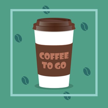 Coffee takeaway cup, realistic. Coffee to go lettering and beans on background. Close up take-out coffee with brown cap and cup holder. Vector illustration for coffee shop, voucher, flyer template.