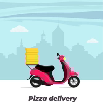 Pizza delivery service concept illustration. Motorbike with pizza boxes on the trunk. Big city on background. Vector flat illustration.
