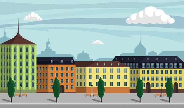 Vintage Europe city landscape illustration. City buildings along wide street with trees, benches and street lamps. Beautiful cartoon vector illustration.