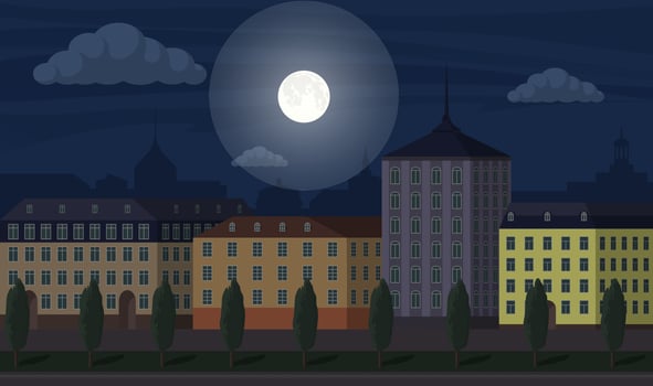 Night city landscape illustration. City buildings along wide street with trees. Beautiful cartoon vector illustration.