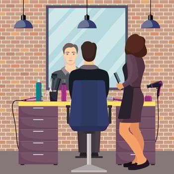 Hairdresser and man client in beauty hairdressing salon in loft style. Chair, mirror, table, hairdressing tools, cosmetic products for hair care. Barber shop interior. Flat vector illustration.