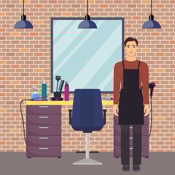 Hairdresser in modern hairdressing salon in loft style. Hairdresser waiting for client. Chair, mirror, table, hairdressing tools, hair care products. Barber shop interior. Flat vector illustration.