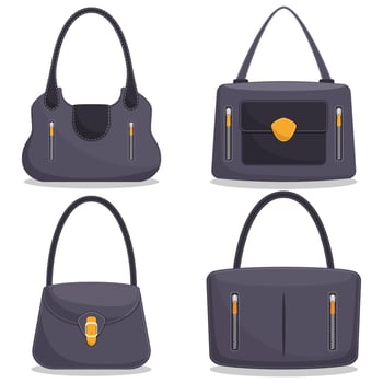 Collection of stylish colorful leather handbags with white stitching. Woman bag. Ladies handbags isolated on white background. Fashion accessories. Vector illustration in flat style.