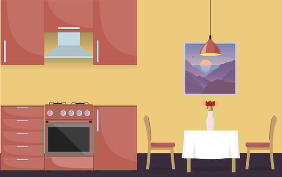 Modern stylish kitchen interior. Kitchen furniture, gas stove, dining table and vase with flowers. Vector illustration in flat style.