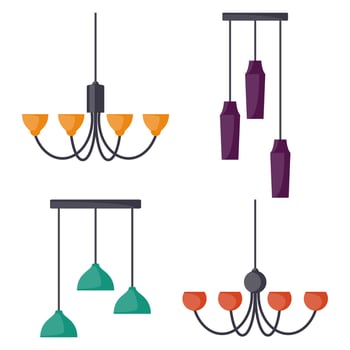 Hanging lamps, set. Chandeliers, lamps, bulbs - elements of modern interior. Vector illustration, isolated.