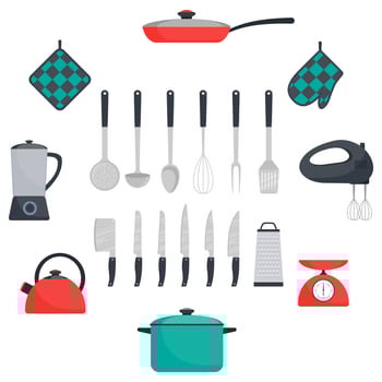 Kitchen utensils and appliances, set. Frying pan, saucepan, kettle, mixer, blender scales, oven mitts, ladle, spatula, whisk, skimmer, spoon, grater, kitchen axe, knife. Vector flat illustration.