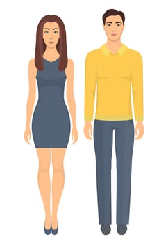 Couple in elegant clothes. Young man and woman standing in full growth in casual clothes. Basic wardrobe. Vector illustration, isolated.