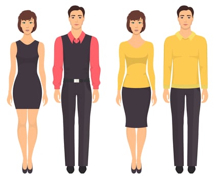 Couples in elegant clothes. Young men and women standing in full growth in casual clothes. Basic wardrobe. Vector illustration, isolated.