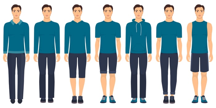 Young man standing in full growth in different clothes, formal, business, everyday, sports. Man in elegant and casual clothes. Basic wardrobe in two colors. Vector illustration, isolated.