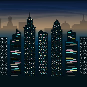 The skyscrapers of the big city at night. Night city landscape. Vector flat illustration.