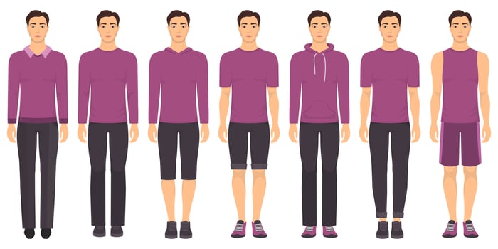 Young man standing in full growth in different clothes, formal, business, everyday, sports. Man in elegant and casual clothes. Basic wardrobe in two colors. Vector illustration, isolated.