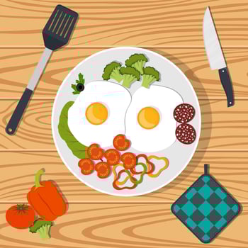 Traditional Breakfast. Scrambled eggs with vegetables and sausage on white plate. Vector illustration in flat style.