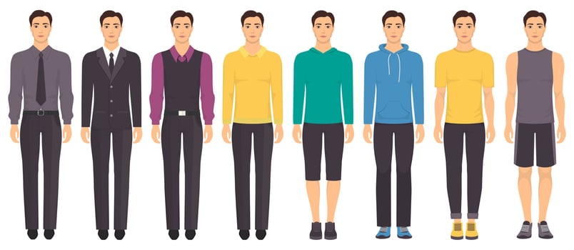 Young man standing in full growth in different clothes, formal, business, everyday, sports. Man in elegant and casual clothes. Basic wardrobe. Vector illustration, isolated.