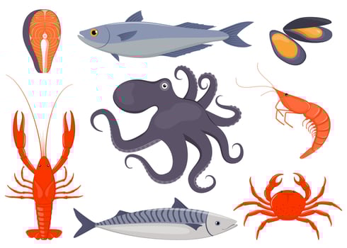 Seafood set. Salmon, mussels, crab, lobster, octopus, shrimp, mackerel in flat style. Fish, seafood icons for restaurant menu. Vector illustration.