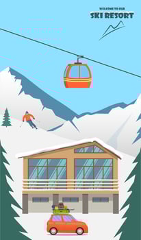 Ski resort. Winter mountain landscape with lodge, ski lift, skier, racing down the slope. Winter sports vacation banner. Vector illustration.