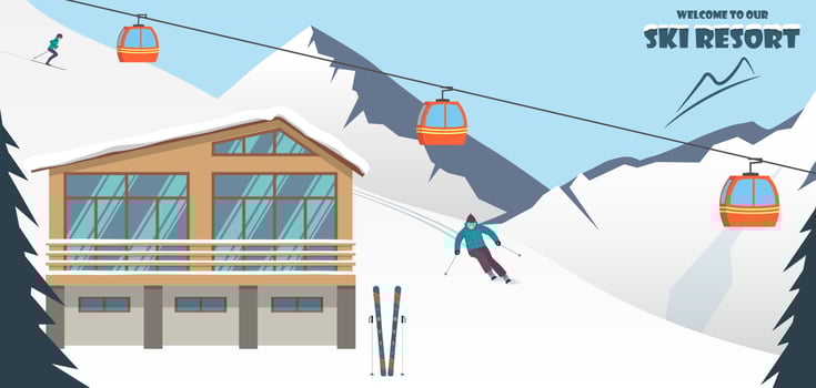 Ski resort. Winter mountain landscape with lodge, ski lift, skier, racing down the slope. Winter sports vacation banner. Vector illustration.
