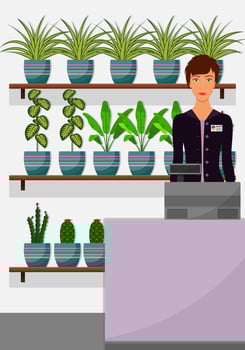 Flower shop interior. Woman seller behind the counter, houseplants on shelves. Chlorophytum, dieffenbachia, cactus. Vector illustration in flat style.