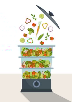 Stylish modern double boiler with colorful vegetables in it. Modern steamer for preparing food via steam. Vector illustration in flat style.
