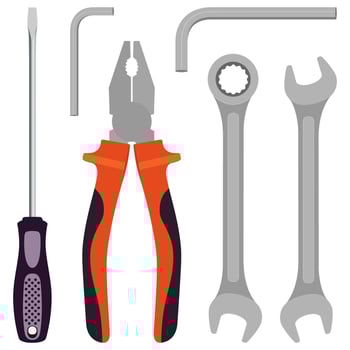 Set of tools for carpentry service, repair service, isolated on white background. Pliers, screwdriver, wrenches. Vector illustration.