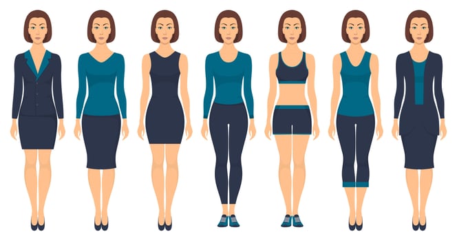 Beautiful young woman standing in different clothes, formal, business, everyday, sports. Woman in elegant and casual clothes. Basic wardrobe in two colors. Vector illustration, isolated.