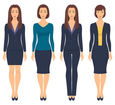 Beautiful young woman standing in full growth in different formal clothes. Woman in elegant and casual clothes. Basic wardrobe. Vector illustration, isolated.