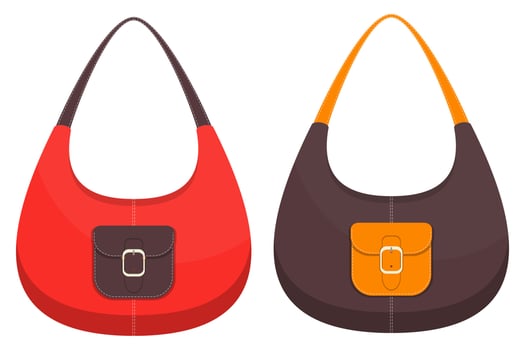 Collection of two stylish colorful leather handbags with pockets and white stitching. Woman bag. Ladies handbags isolated on white background. Vector illustration.