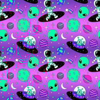 Astronauts and Alien in space cartoon vector illustration. Space travel and exploration seamless pattern
