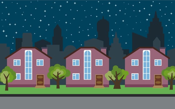 Vector city with three two-story cartoon houses and green trees at night. Summer urban landscape. Street view with cityscape on a background