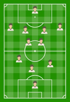 Football field with green grass and with eleven players. Vector illustration