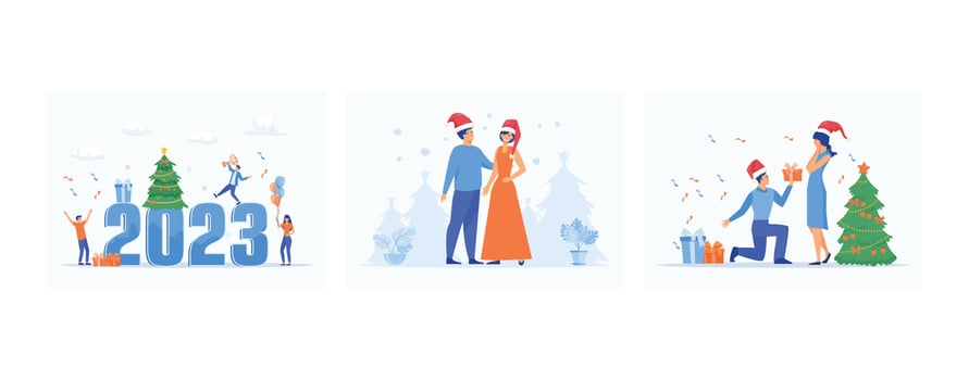 Business people celebrate new year concept, Couple of young people on Christmas Day, Man gives a woman a gift for Christmas, set flat vector modern illustration