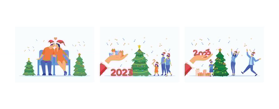 Couple kissing at Christmas, Santa Claus hand gives gifts, Happy family near traditional xmas tree, christmas celebration, set flat vector modern illustration
