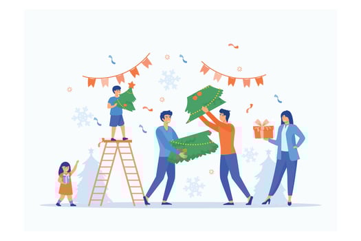 Family prepare to celebrate Christmas New Years Eve by making Christmas tree together, flat vector modern illustration