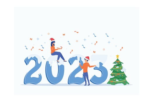 Workers celebrate Christmas and New Year. Small people are preparing for the new year, engaged in decoration. Inscription New Year 2023, flat vector modern illustration