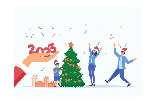 Santa Claus hand gives 2023 year numbers. Happy family near traditional xmas tree, christmas celebration. New year, winter holidays, horizontal banner. Boxing day, various gifts and presents, vector