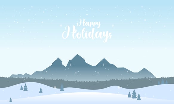 Blue mountains winter snowy landscape with hand lettering of Happy Holidays and pines on foreground illustration vector