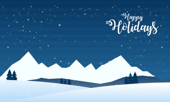 Blue mountains winter snowy landscape with hand lettering of Happy Holidays and pines on foreground illustration vector